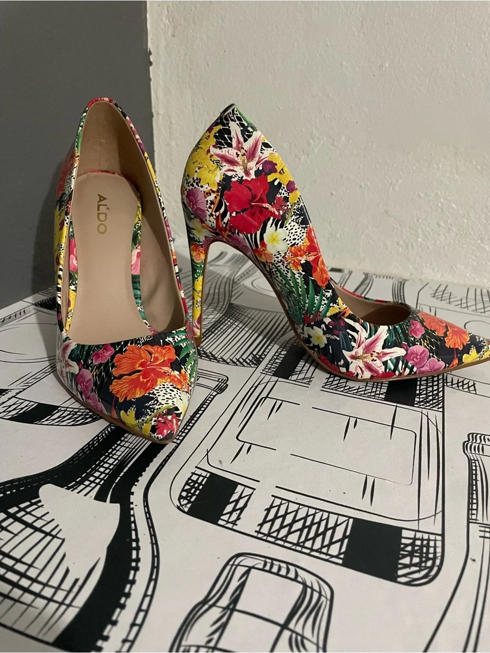 ALDO Floral Pointed-Toe Stiletto Heels in Black, Green, Orange, Pink